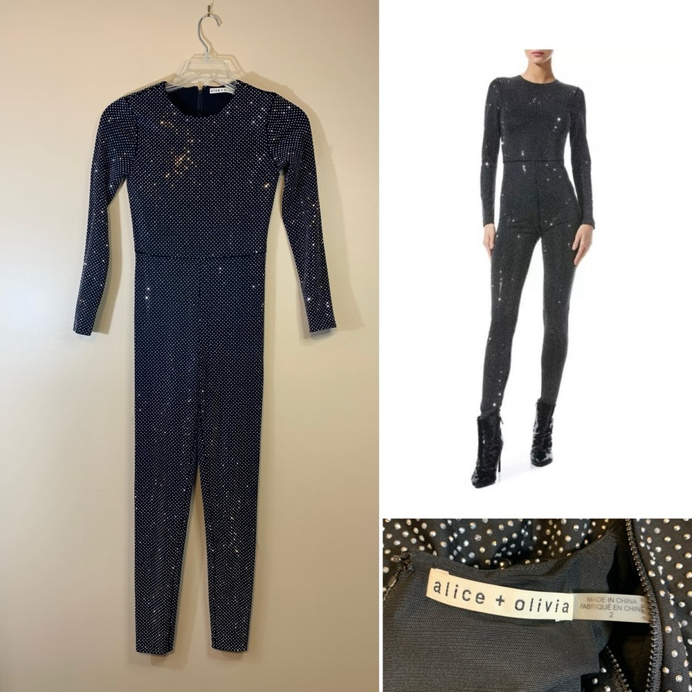Alice + Olivia black Freddie beaded long sleeve catsuit jumpsuit. Size 2
